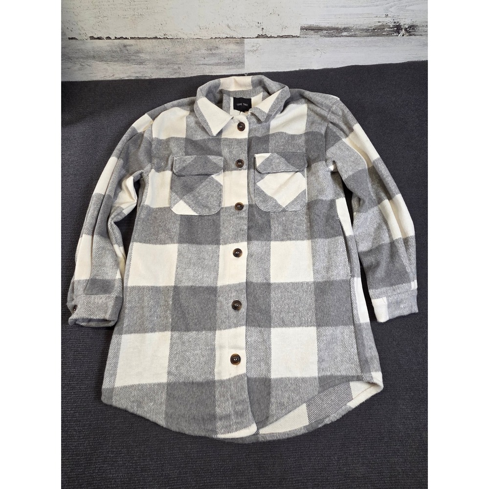 Love Tree Shacket Women Small Grey White Buffalo Plaid‎ Flannel Shirt Jacket